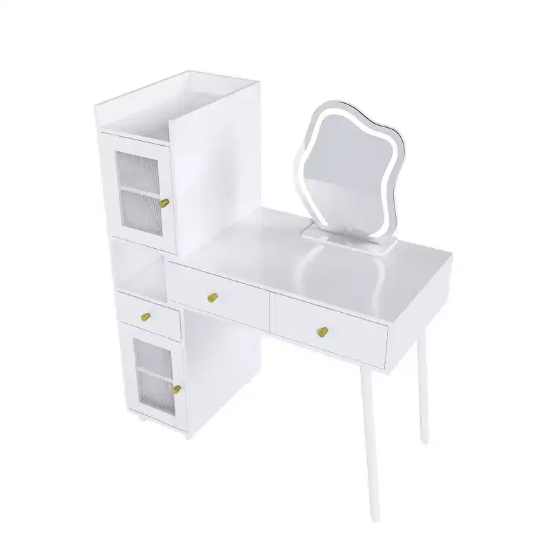 LED Mirror Vanity Tables, White Vanity with 3 Drawers, 2 Shelves, 4 Hidden Cabinets (Glass Doors), 3 Light Modes, for Bedroom or Living Room