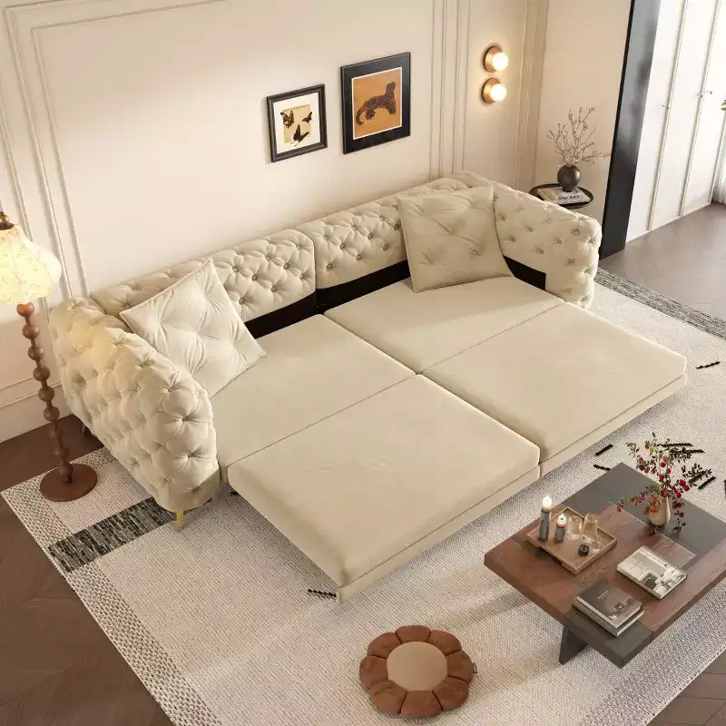 Modern Convertible King Size Sleeper Sofa Bed with Movable Ottoman, Velvet Deep Seat Pull-Out Sofa Bed for Living Room or Guest Room-Panipeachy