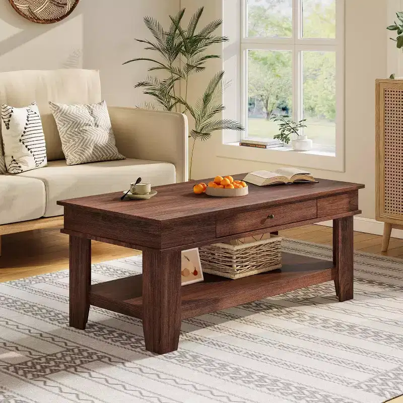 Rustic Rectangular Coffee Table with Sliding Drawer & Open Shelf, Farmhouse Style