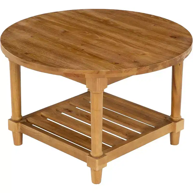 Round Coffee Table, 31.5 Farmhouse Solid Wood Center Table with Storage, 2-Tier Tea Table for Living Room, Small Spaces, Apartment