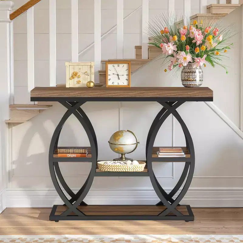 MAYEERTY 4-Tier Industrial Console Table, Rustic Top Geometric Metal Base Narrow Entryway Table