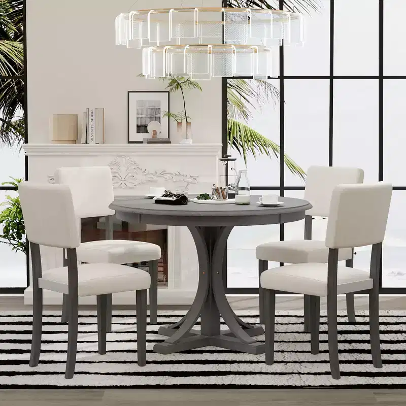 Round Dining Table Set for 4, 5 Pieces Retro Kitchen Table Set with 4 Upholstered Chairs