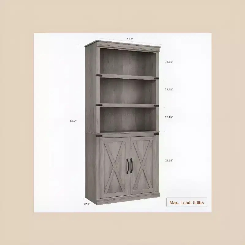 68.7 Tall 5-Shelf Bookcase with Storage Cabinet, Rustic Farmhouse Wooden Bookshelf , Freestanding Display Cabinet for Living Room, Bedroom