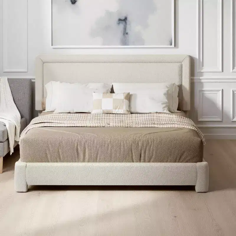 Dyonery Queen-size bed frame, modern Cream bed frame with adjustable headboard, rounded soft corners, no spring mattress required, easy assembly.