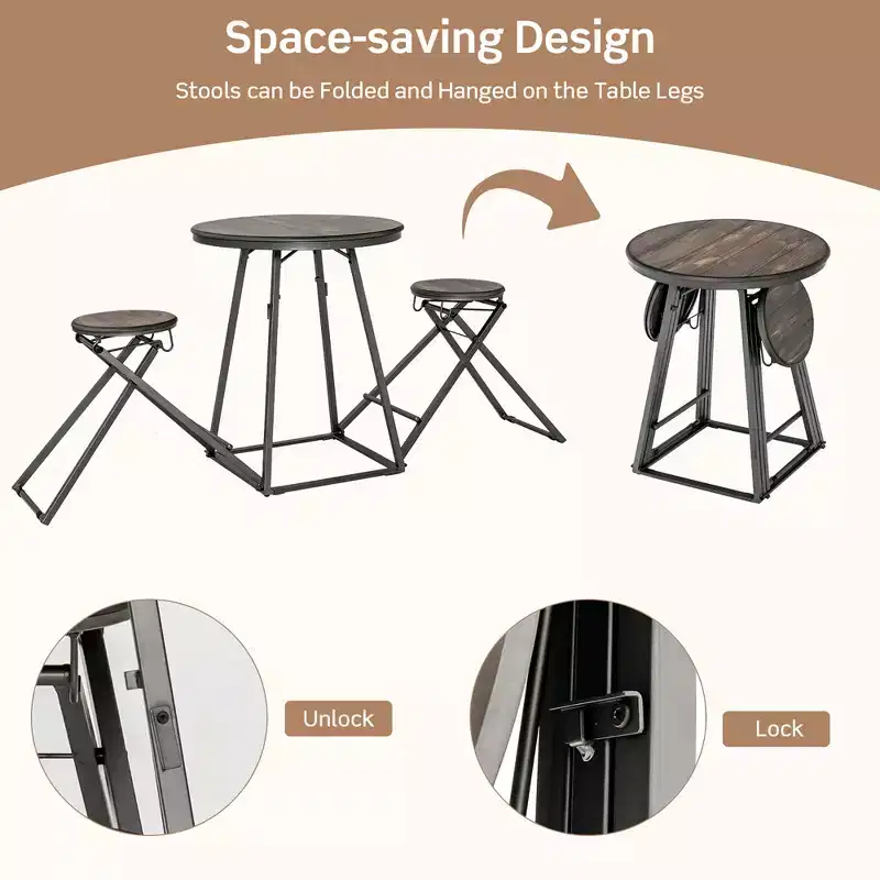 Costway 3-Piece Bar Table Set Round Pub Dining Table & 2 Foldable Stools w/ Metal Frame