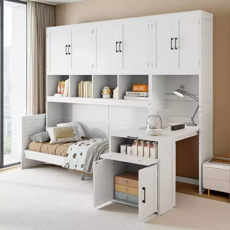 All-in-One Twin Murphy Bed with Foldable Desk, White