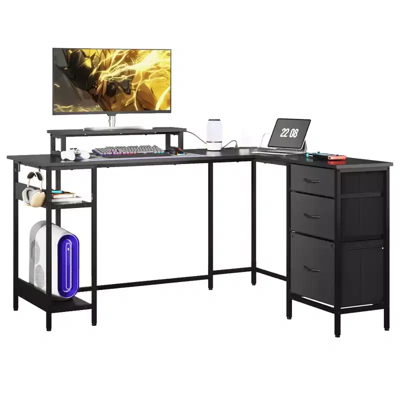 55-Inch L-Shaped Gaming Desk with Storage, Power Outlets & LED Lights