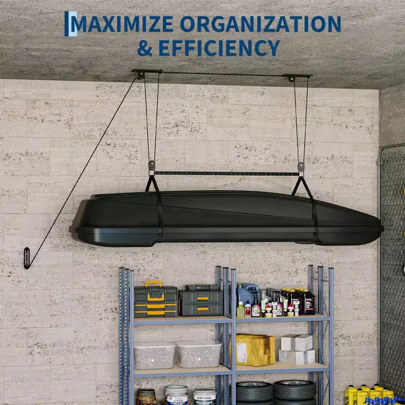 Heavy Duty Ceiling Hoist 150lb Capacity for Cargo Boxes, 8-10ft Ceilings, Overhead Storage with Adjustable Straps, 20m Ropes, Dual Pulley