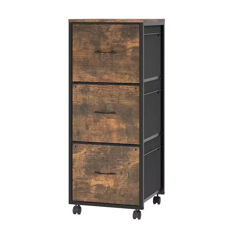 Espresso 3-Drawer File Cabinet with Metal Frame & Wheels – 1 Person