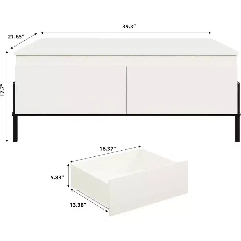 White Coffee Table with Drawers, Rectangle Coffee Table with Back Open Shelf