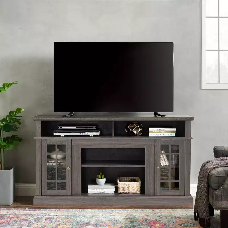 Tv Stand Modern Media Entertainment Center Console Table,with Closed Cabinets,Glass Door & Open Storage Shelves,for Living Room