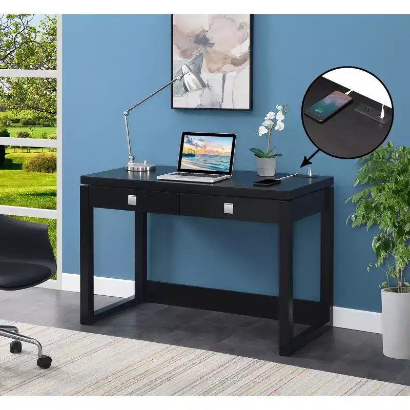 Newport 2 Drawer Desk with Charging Station Espresso/Black - Breighton Home: Home Office Workstation, MDF Construction