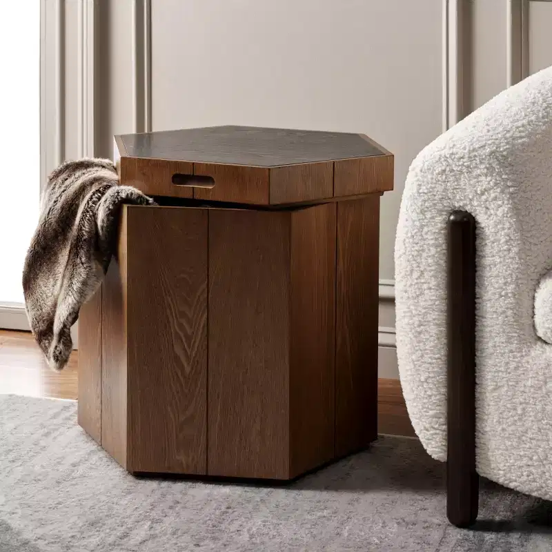 Hexagon Tray Top Accent Table with Under-Lid Storage, Mid-Century, 30 lb Capacity