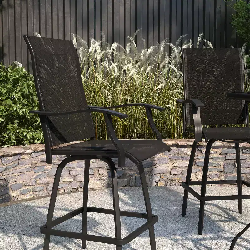 Merrick Lane Set of 2 Brett High Back Bar Height Swivel Patio Stools with Powder Coated Metal Frames and Textilene Upholstery