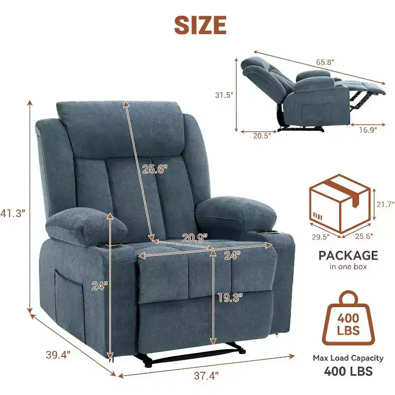 Oversized Massage Recliner Chair with Heat & Vibration, Wide Rocking Recliner with Side Pockets for Living Room, Bedroom, Home Theater