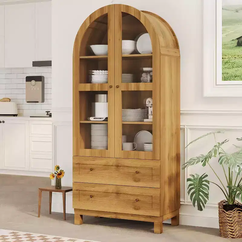 Farmhouse Arched Tall Kitchen Pantry Cabinet with Drawers, Adjustable Shelves & Acrylic Doors