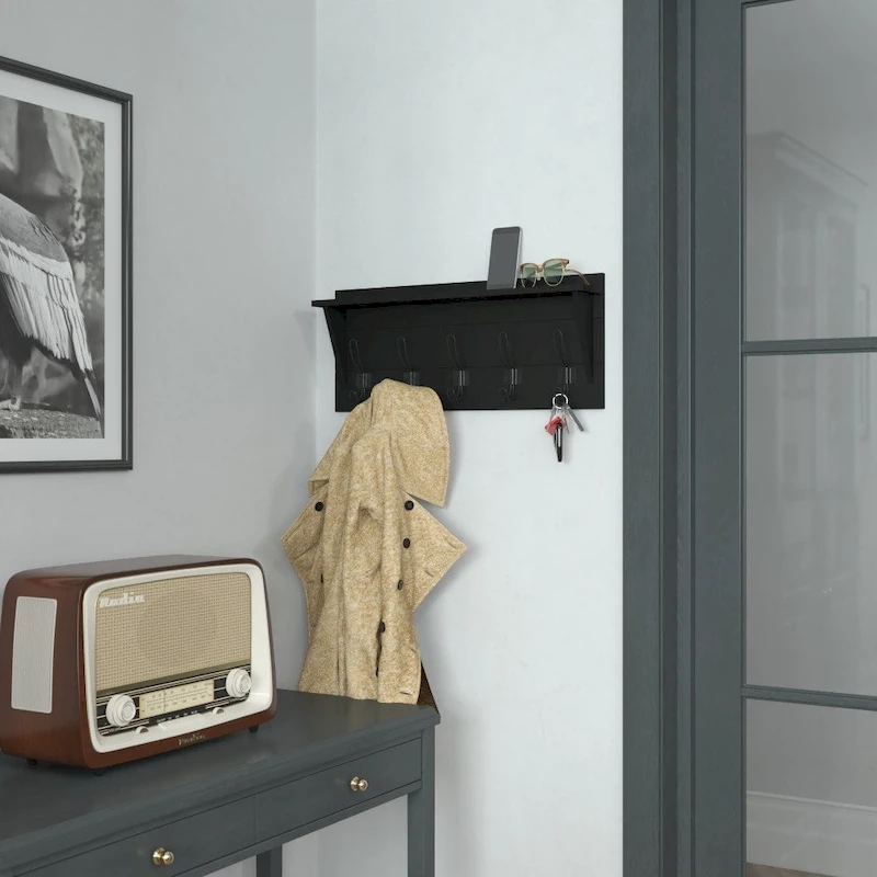 Wall Mounted Storage Rack with Upper Shelf and Storage Hooks