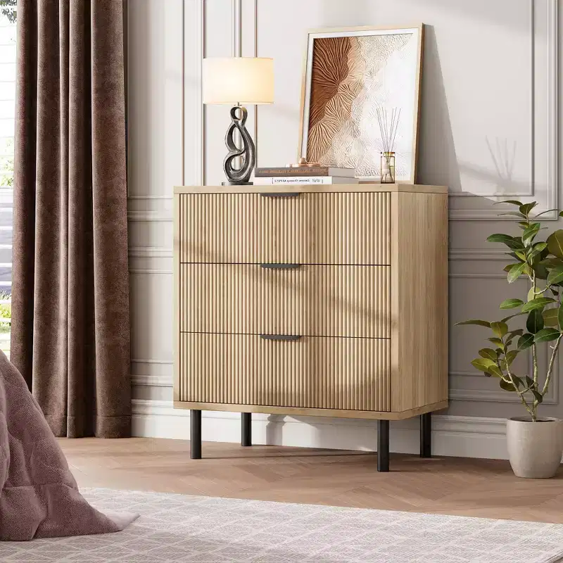 Fluted Dresser with 3 Drawers, 29.9'' Tall Closet Dresser Organizer, Wood Chest of Drawers for Bedroom, Entryway, Small Spaces, 2pcs