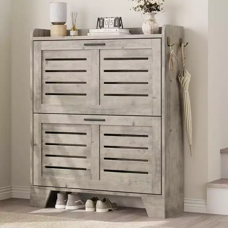 Shoe Cabinet with 4 Flip Drawers,Farmhouse Freestanding Shoe Cabinet with Shelves for Entryway, Living Room, Hallway