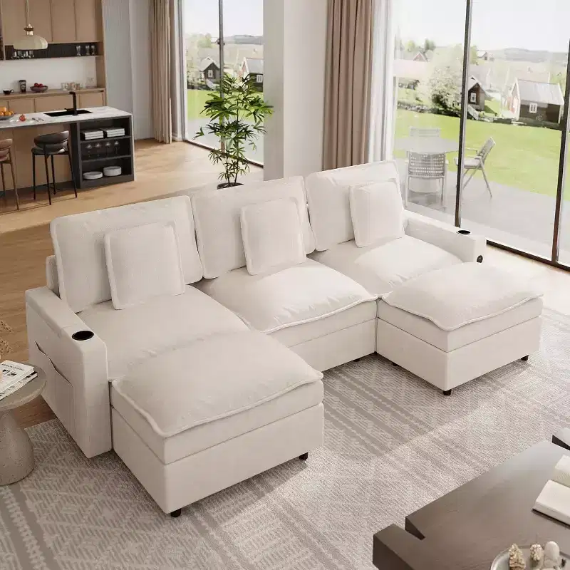 108 in Cloud Modular Sectional Sofa with Storage Armrests and Charging Ports, Movable Ottoman and Cup Holder Included, Beige