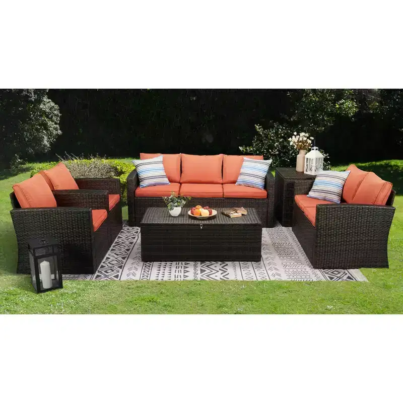 6pc Wicker Outdoor Conversation Set - Orange - EDYO LIVING: Weather-Resistant Rattan Patio Seating, Removable Cushions