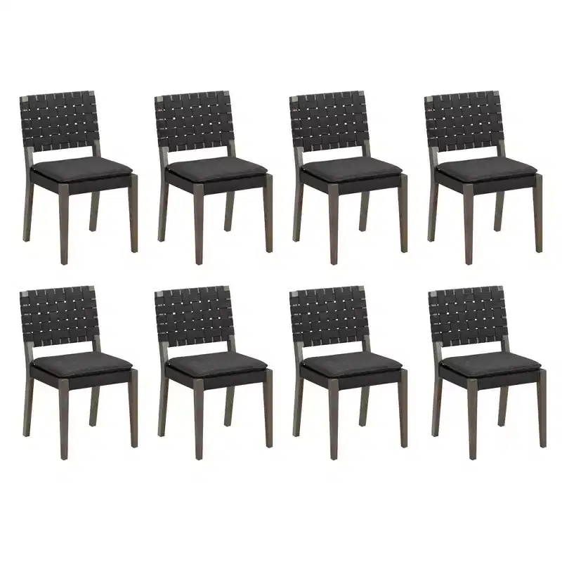 Set of 8 Faux Leather Dining Chairs Black – Hand-Woven Back, Solid Wood Frame, 300 lb