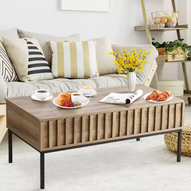 Wooden Lift Top Coffee Table 43'' Living Room Center Table with Hidden Storage Compartment, Lift Tabletop Dining Desk, Teak Finish