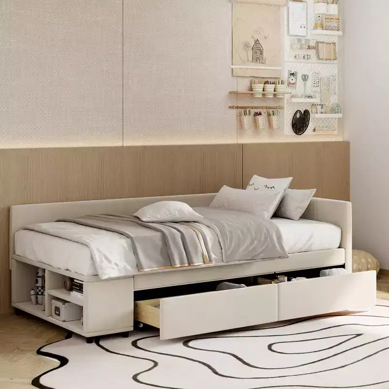 Twin Size L-Shaped Platform Bed with Wrap-Around Storage and Drawers, Sturdy and Durable Construction