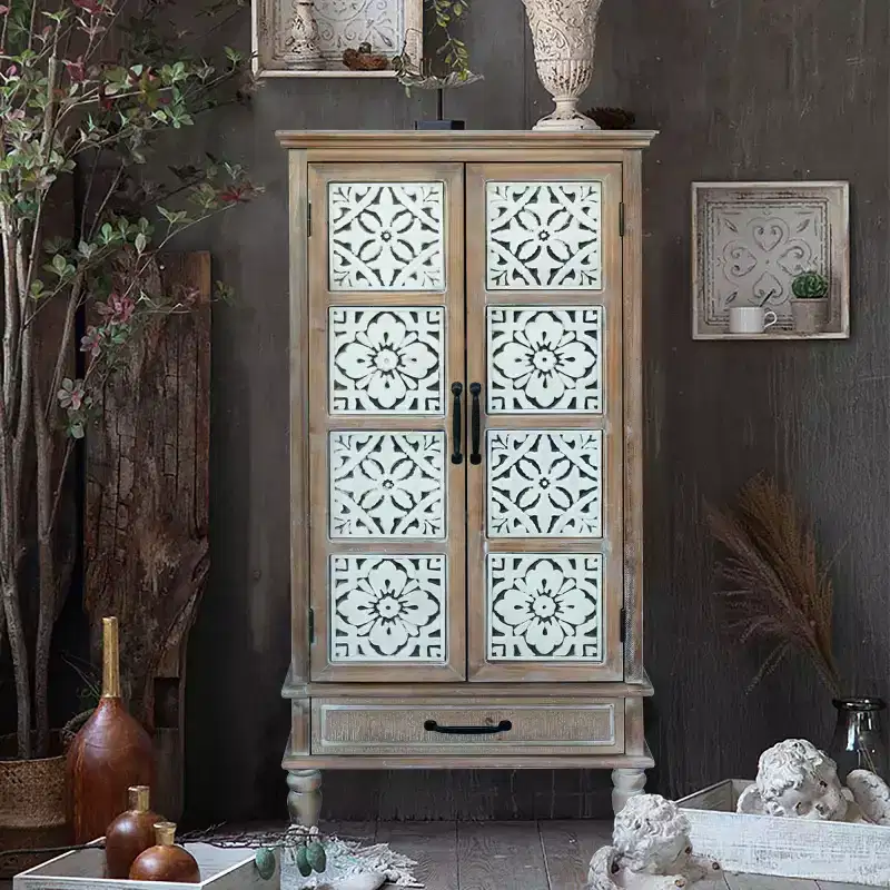 55 Vintage Farmhouse Highboard Cabinet, Tall Engineered Wood Storage Pantry with Floral Tile Pattern & Drawer