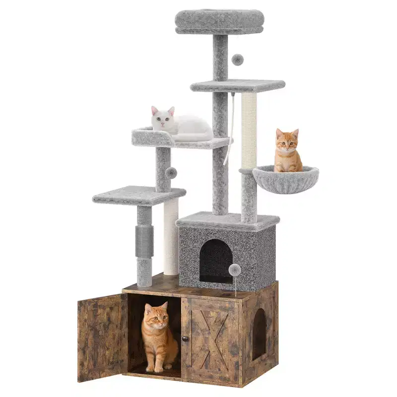 2-in-1 Modern Cat Tree Tower with Litter Box Enclosure, All-in-one Cat Furniture, Hidden Kitty Washroom Wooden House w/Hammock & Scratching Posts