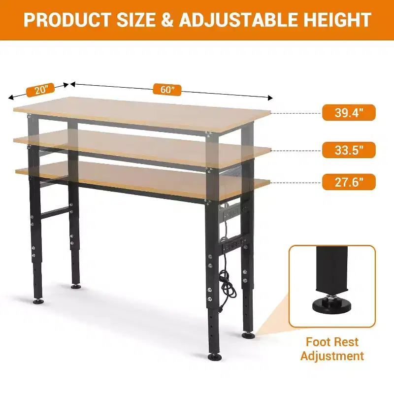 Heavy-Duty 60 Steel Workbench | Adjustable Height & Power Outlet | 2500 LBS Capacity for Garage, Workshop & Home