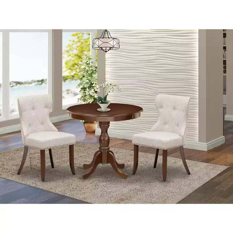 HomeStock Belmont 3 Piece Dining Table Set 1 Kitchen Table and 2 Doeskin Linen Fabric Kitchen Chair Button Tufted Back , Nail Heads - Mahogany Finish