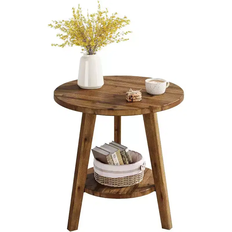 Solid Wood Round Side Table, 2-Tier End Table with Storage Shelf, Nightstand for Living Room, Bedroom, Easy Assembly