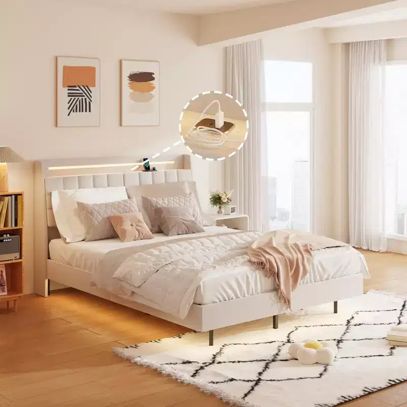 Floating Bed Frame with LED Light and Charging Station Upholstered Platform Bed Frame Full/Queen/King Size with Headboard,No Box Spring Needed,Beige