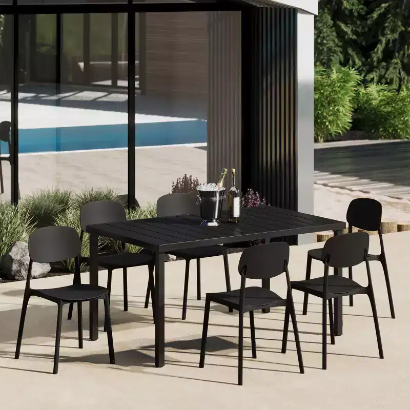 WestinTrends Playa 7-Piece Outdoor Rectangular Metal Patio Dining Table Set With Mid-Century Modern Stackable Patio Side Chairs