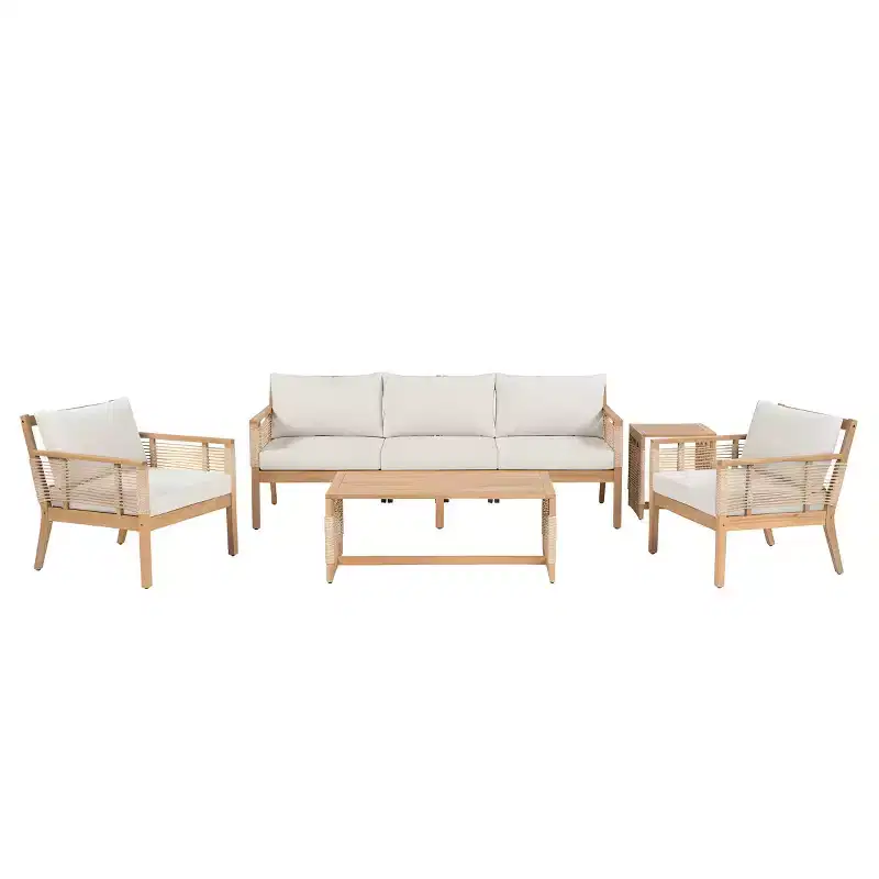 5-Piece Outdoor Patio Sofa Set, Acacia Wood Conversation Set with 3-Seater Sofa, 2 Chairs & 2 Coffee Tables for Backyard, Poolside-Panipeachy