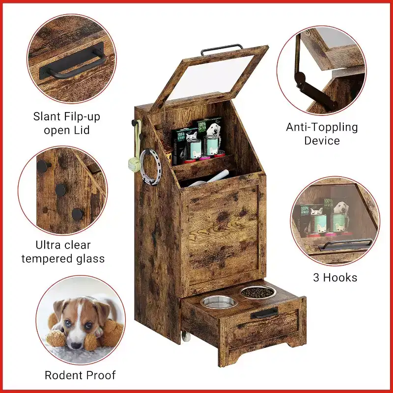 Fold Top Dog Feeding Station with Storage Cabinet, 2 Elevated Stainless Steel Bowls & 3 Hooks, Wooden Pet Food Organizer for Dogs Cats, End Table