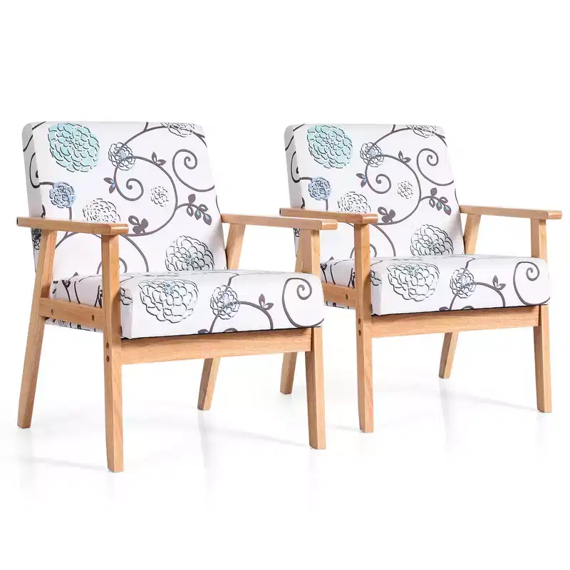 2PCS Accent Armchair Upholstered Chair Home Office w/ Wooden Frame White/Blue/Yellow