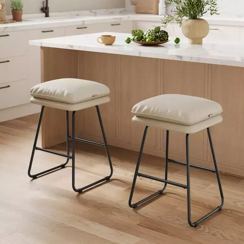 Set of 2 Modern Counter Height Bar Stools, Faux Leather Upholstery with Soft Cushion & Metal Sled Base, 25.6 Inch