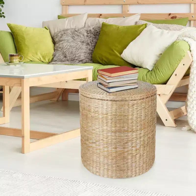 16 Inch Round Storage Ottoman Handwoven Water Hyacinth with Removable Lid Fabric Liner 660 lb Capacity Footstool Side Table Multipurpose