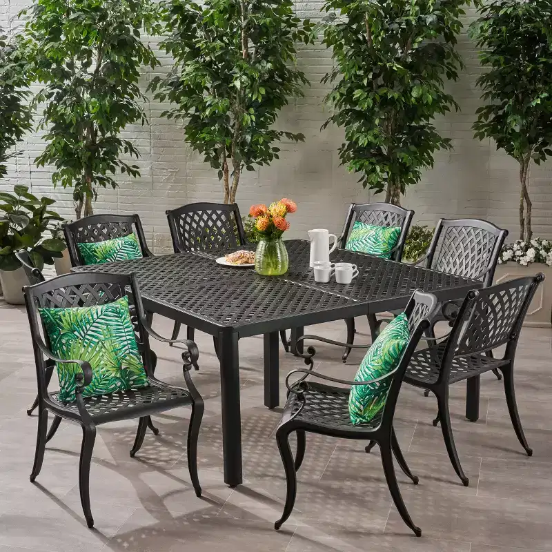 Christopher Knight Home Cayman Outdoor 9 Piece Traditional Cast Aluminum Mesh Dining Set with 61.25 Round Woven Table
