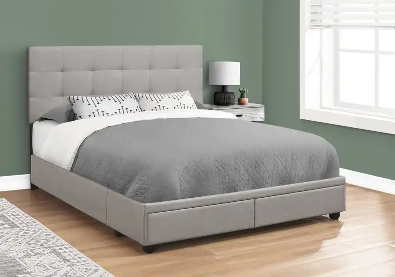 Upholstered Storage Platform Bed in Grey Fabric, Tufted