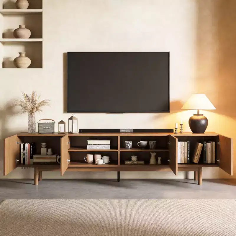 86.6 Extra Long Wood TV Stand for 90 Inch TV Slatted Media Console Entertainment Center with Removable Shelves Walnut Gaoyangjiaju