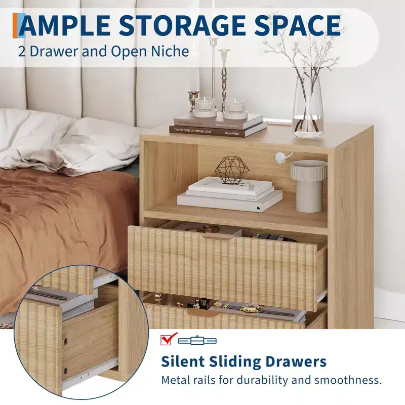 Oak-1 23 Fluted Nightstand C Mid-Century Modern Bedside Table with Charging Station & 2 Drawers