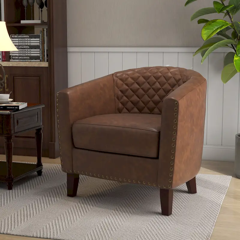Ethan Accent Chair Barrel PU Leather with Nailhead Trim