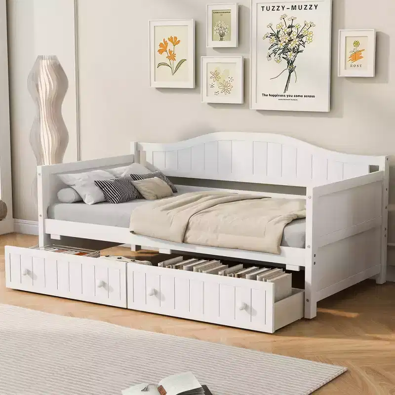 Twin Size Wooden Daybed with 2 Drawers, Easy Assembly, White