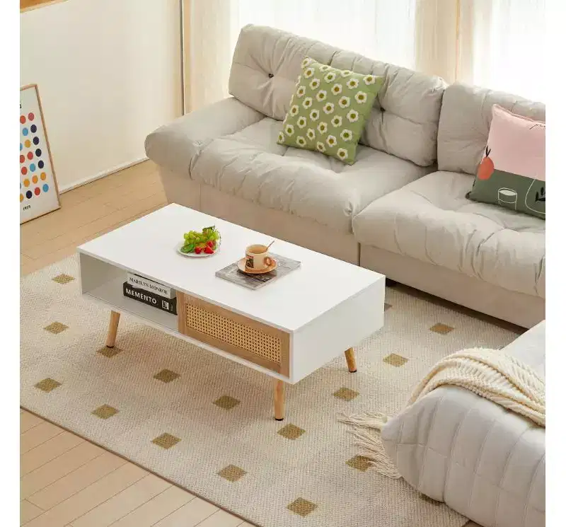 Solid Wood+MDF Rattan Coffee Table, Sliding Storage Door, Solid Wood Legs, Modern Style