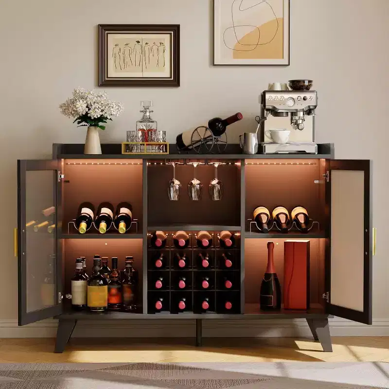 Home Bar Cabinet with LED Lights, Freestanding Liquor Cabinet with Storage Shelves for Living Room and Dining Room