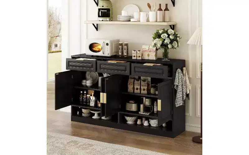 Farmhouse Sideboard Cabinet with 3 Drawers and 4 Doors - 59 Inch, Adjustable Shelf