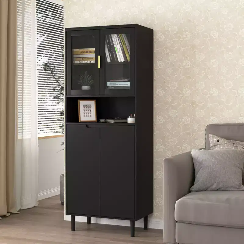 Okak Tall Bookshelf with Adjustable Board, Freestanding Storage Shelves with 4 Tempered Glass Doors, Display Case for Living Room, Office, Black
